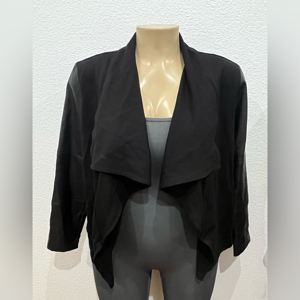 Rafaella Size XL Black Vegan Leather Sleeves and‎ Ponte Drape Front Jacket.